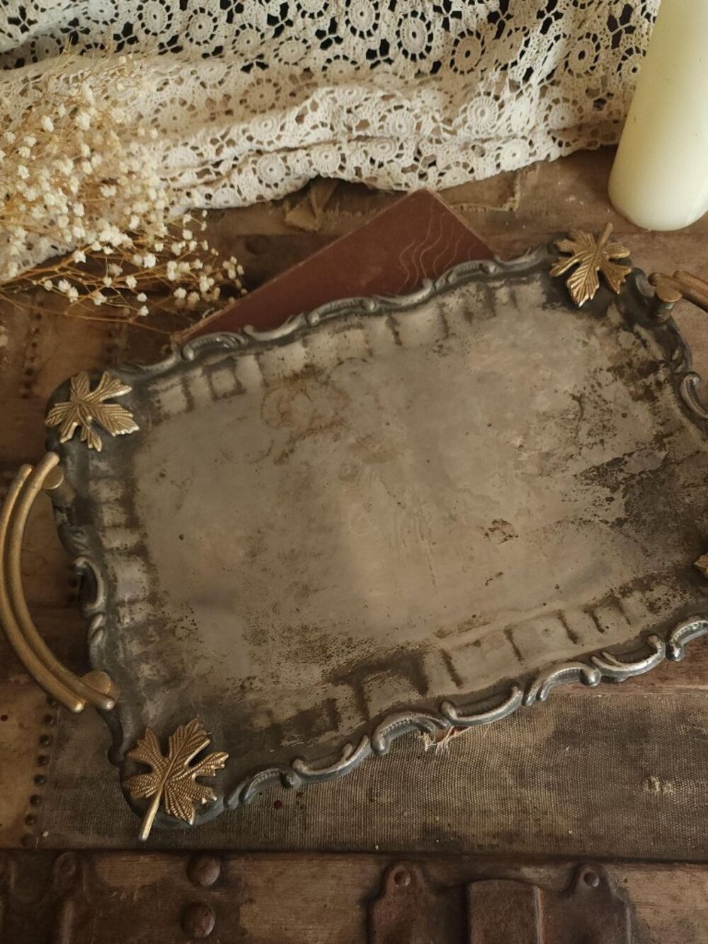 Vintage 1960s Tray, Silver Plate with Brass Maple Leaf and Handles, Mid Century